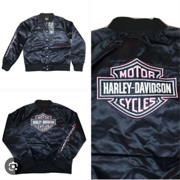 Harley-Davidson Jackets & Blazers - Harley-Davidson Black and Pink Satin Bomber Jacket- XL